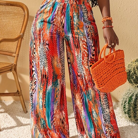 Vibrant Multicolor Wide Leg Palazzo Pants – Boho Festival Style (Size L) - Picture 5 of 6